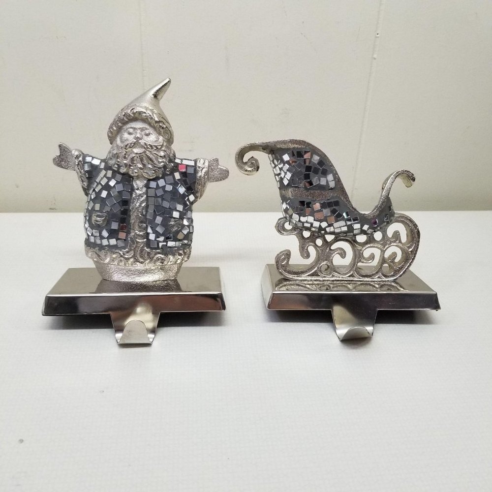 Santa Sleigh Christmas Stocking Holders Mantle Fire Place Bling 2‎ Pc Retro